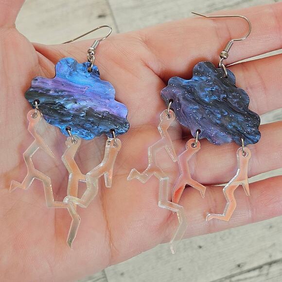 Acrylic Storm Cloud Lightening Bolt Earrings Novelty Magic School Bus - Picture 2 of 5
